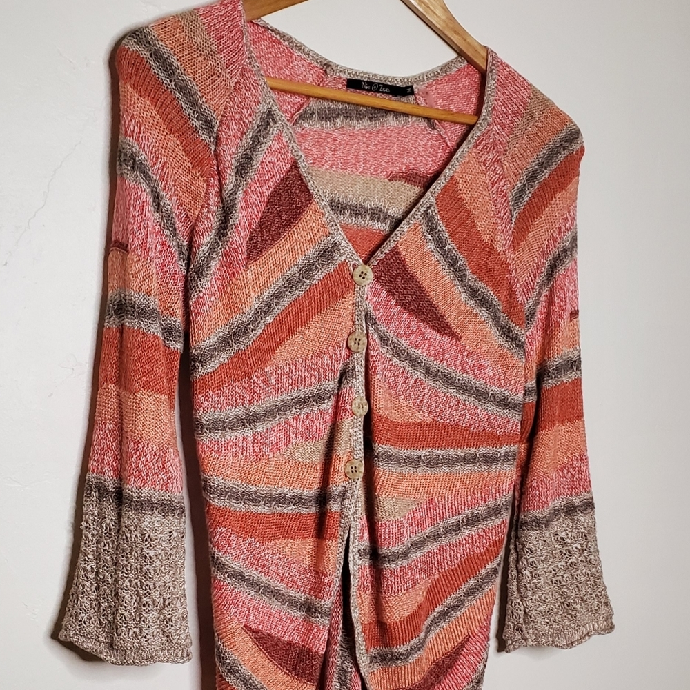 Slouchy Stripes Peach Pink and Tan Radial Natural Style Cardigan - Picture 2 of 12